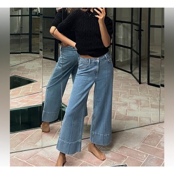 Zara Logo High-Waisted Cropped Wide Leg Jean Sz 6 Blue For Womens Cotton 100% - Picture 2 of 16